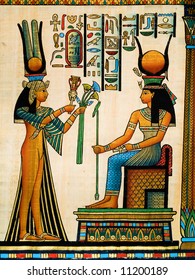 Papyrus Showing Queen Nefertari Making An Offering To Isis. Copy Of A Painting From  Nefertaris Tomb In Thebes.