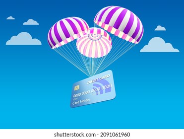 Parachute with Credit Card. Transaction, payment, delivery concept. Fast money. Express lending. Bank card with delivery. Collage of bank services. 3d image