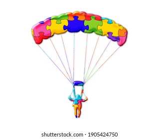 Parachute skydiver Jigsaw Autism Puzzle Icon Logo, 3d illustration