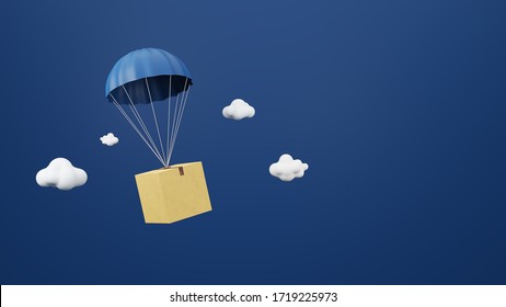Parachuting delivery objects. Parachute 3D concept design. Blue background. Cloudy, Transportation, air shipping, 3D model concept.