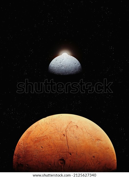Parade of planets in space. Surface of the rocky planet,\
planetary satellite. Amazing space landscape 3d illustration.\
