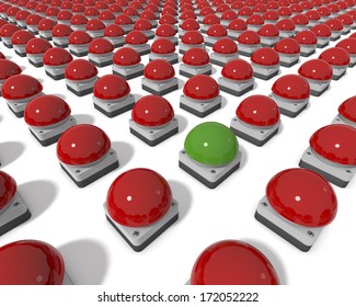 Parade Of Red Gameshow Buzzers, One Green Buzzer In Center, Standing Out, Clean 3d Rendering On White Background