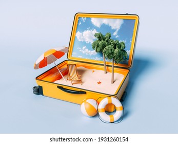 Paradise Beach In Travel Suitcase. Summer Vacation Concept. 3d Illustration.