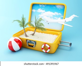 Paradise Beach In Travel Suitcase. Summer Vacation Concept. 3d Illustration. 