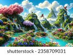 Paradise garden full of flowers, beautiful idyllic background with many flowers in Eden, 3d illustration with Fairytale colors. Generative golden hors pecock birds - ILLUSTRATION