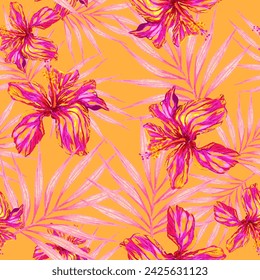 Paradise hibiscus flowers seamless tropical watercolor pattern on orange background