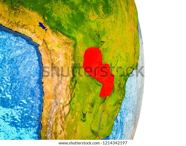 Paraguay on 3D model of Earth with divided\
countries and blue oceans. 3D\
illustration.