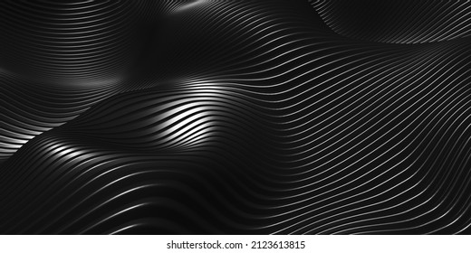 Parallel Lines Black Plastic Tube Texture Black Curve Distorted Shape Modern Abstract 3d Illustration