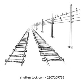 Parallel Railroad Rails, Wires And Poles In Perspective. Drawing, Cartoon Illustration.