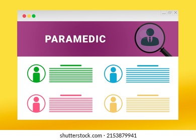 Paramedic Logo In Header Of Site. Paramedic Text On Job Search Site. Online With Paramedic Resume. Jobs In Browser Window. Internet Job Search Concept. Employee Recruiting Metaphor