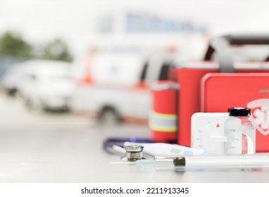 Paramedical Instruments: Sterilized Needles, Sample Bottle And A Strethoscope With Copy Space And An Unfocused Background. Health And Medicine. 3d Illustration.