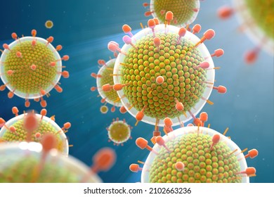 Paramyxovirus Mumps , COVID Pandemic, Close-up Of Virus Under Microscope. Realistic High Quality Medical 3d Animation.