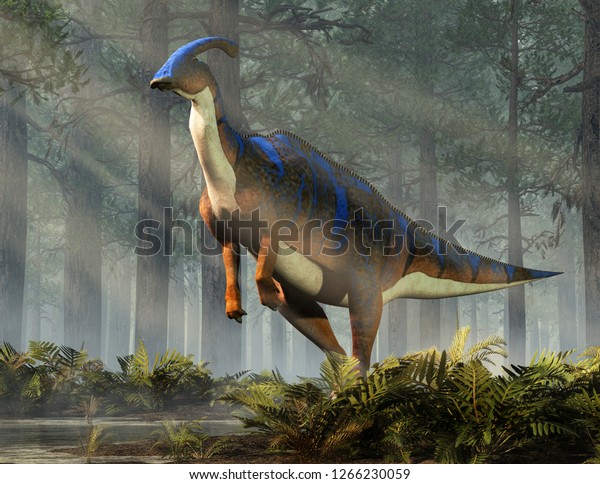 A\
parasaurolophus, a type of herbivorous ornithopod dinosaur of the\
hadrosaur family stands on two legs.  This prehistoric animal is\
standing in a dense forest. 3D\
Rendering