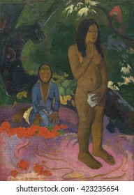 Parau na te Varua ino (Words of the Devil), by Paul Gauguin, 1892, French Post-Impressionist painting, oil on canvas. The masked kneeling figure is the 'varua ino' of the title, a malevolent spirit