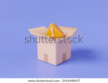 Parcel box with exclamation mark about warning problem delivery. Damaged order, Broken box, Empty torn and wrinkled, Shipping errors, Cancel and failed parcel receipt concept. 3d render illustration
