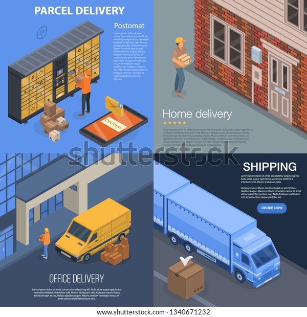 Parcel delivery banner set. Isometric set of\
parcel delivery banner for web\
design