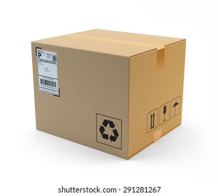 Parcel Delivery Concept, Post Package Cardboard Wrapper Isolated On White Background