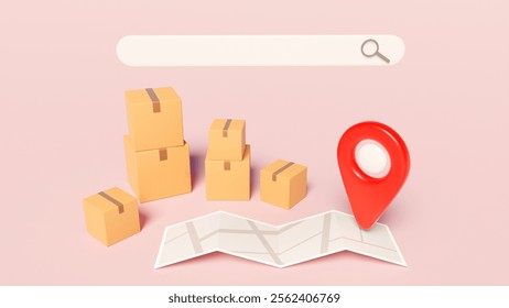 Parcel delivery map. Cardboard boxes near search bar. GPS tag on courier map. Delivery tracking interface. Addressed logistics of postal items. Courier card on pink background. 3d image