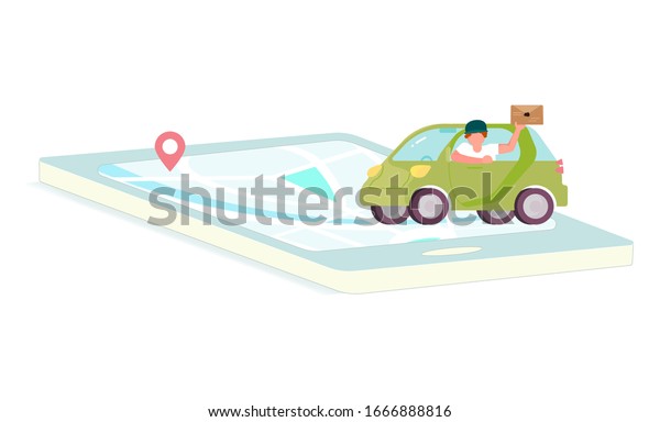 Parcel and mail delivery service and tracking app
website template. Smartphone with map of the parcel route on the
screen and car courier. Online Navigation shipping. Flat Art
Rastered Copy