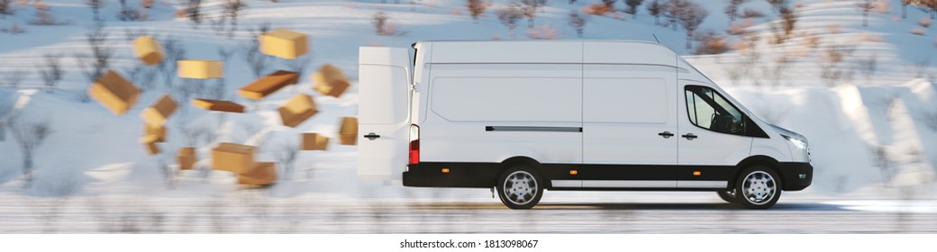 Parcels For Christmas Fly From Delivery Vans Of The Parcel Service In Winter On A Street (3D Rendering)