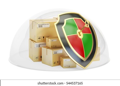 Parcels Covered By Glass Dome. Freight Cargo Insurance And Protection Concept, 3D Rendering