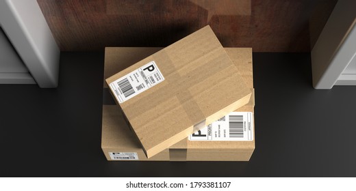 Parcels delivered, doorstep delivery concept. Brown boxes on gray floor and wooden door background, top view. Carton packages left on the apartment entrance door. 3d illustration