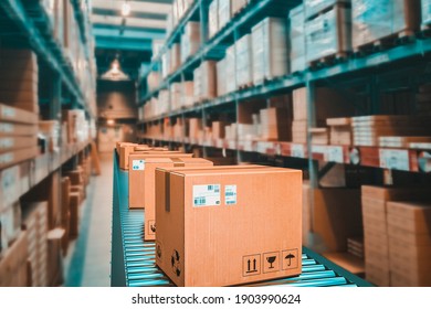 parcels on conveyor belt in a warehouse. 3d render.