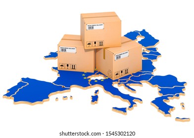 Parcels On The European Union Map. Delivery In The EU, Concept. 3D Rendering Isolated On White Background