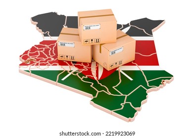 Parcels On The Kenyan Map. Shipping In Kenya, Concept. 3D Rendering Isolated On White Background