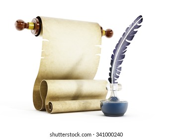 Parchment, Quill And Ink Isolated On White Background