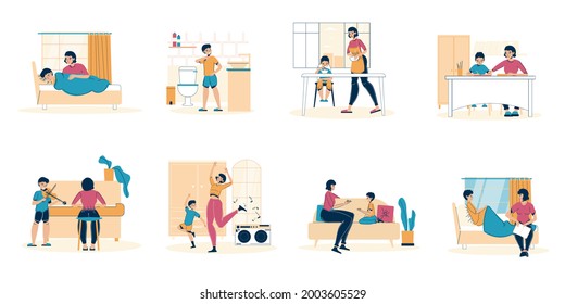 Parent Child Daily Life In Quarantine Condition Set. Mother Son Kid Stay Home Scene. Family Leisure Recreation, Study Activity Indoor During Coronavirus Pandemic. Rest Education Everyday Schedule