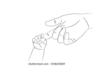 Parent Holding Baby's Hand. Newborn grabbing mom's index finger. Family line art sketch drawing. Black and White Silhouette Abstract Wall Art for Home Decor