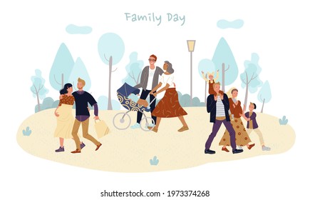 Parent Toddler Baby, Family Couple On Walk In Park. Father Mother Strolling Newborn In Pram. Happy Husband Hugging Pregnant Wife. Quality Free Time For Children, Healthy Pregnancy. Weekend Outdoor