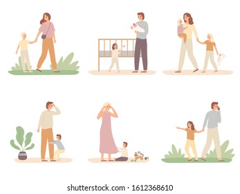 Parenthood problems. Crying child and tired parents, exhausted dad and kids want attention from mother. Isolated  illustration icons set