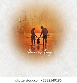 Parents Day, parent's day celebration. parents with child, sunset time, happy family, father, mother and children posing together, silhouette - Powered by Shutterstock