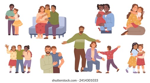 Parents hugging children, happy family relationship and spending time together. Dad and mom with son and daughter, sisters and brothers. in flat style - Powered by Shutterstock