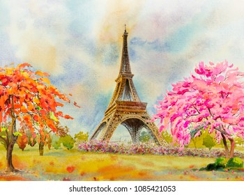 Paris European city famous landmark of the world. France Eiffel tower and flower pink, red color, cherry blossom in garden, with spring season, Modern art  Watercolor painting illustration, copy space