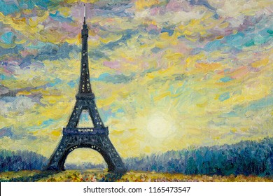 Paris european city famous landmark of the world. France eiffel tower and sun, daisy flower multicolor in garden, with spring season, vintage style. Abstract oil painting illustration, copy space
