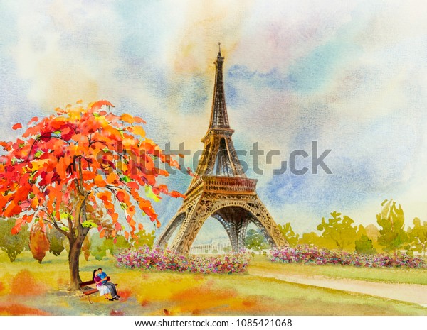 Paris European city landmark. France, Eiffel tower and couple lovers man woman, sitting on the bench under the tree, Modern art, flower garden. Watercolor painting illustration,wedding, Valentine day