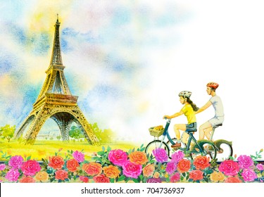 Paris european city landscape. France, eiffel tower and couple love man, woman, cycling tour in roses garden, Modern art, Watercolor painting illustration, Valentine day, greeting, invitation cards.