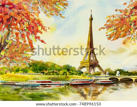 Paris european city landscape. France, eiffel tower famous, with romantic the Seine river view in autumn, Watercolor painting illustration, skyline background. world landmark