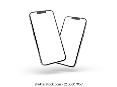 PARIS – France - April 28, 2022: Newly Released Apple Smartphone Iphone 13 Pro Max 3d Realistic Rendering – Silver Color Front Screen Mockup - Two Modern Smartphones Floating On White Background