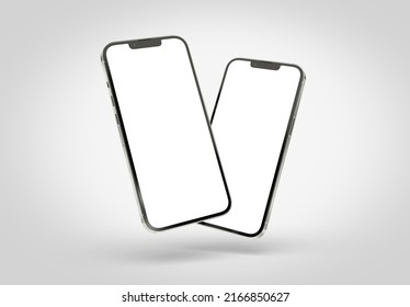 PARIS - France - April 28, 2022: Newly Released Apple Smartphone Iphone 13 Pro Max Realistic 3d Rendering - Silver Color Front Screen Mockup - Two Modern Smartphones Floating On White Background