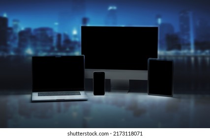 PARIS - France - April 28, 2022: Newly Released Apple Devices, Imac 24 Desktop Computer, Iphone 13 Pro Max Mobile, Macbook Laptop, Ipad Tablet- 3d Realistic Rendering Screen Mockup On Dark Background