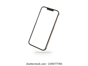 PARIS - France - April 28, 2022: Newly Released Apple Smartphone Iphone 13 Pro Max Realistic 3d Rendering - Gold Color Front Screen Mockup - Modern Smartphone Floating On Gold Background