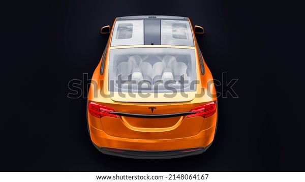 Paris,\
France. January 06, 2022: Tesla Model X full size city SUV. Car\
isolated on black background. 3d\
rendering.