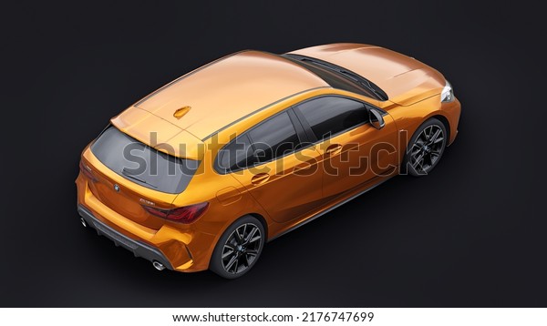 Paris, France. January 9,\
2022: BMW M135i XDrive. Orange car isolated on black background. 3d\
rendering.