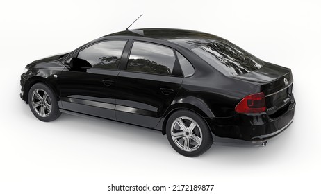 Paris, France. July 08, 2021: Volkswagen Polo sedan black compact city car isolated on white background. 3d rendering