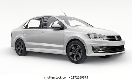 Paris, France. July 6, 2021: Volkswagen Polo sedan white compact city car isolated on white background. 3d rendering