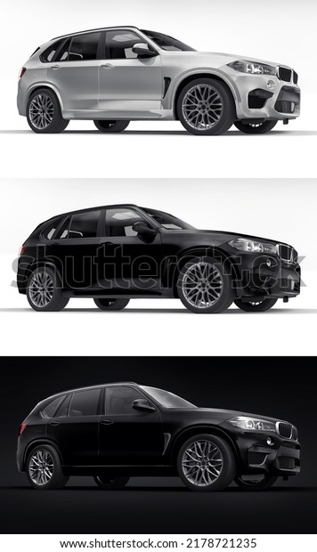 Paris,\
France. June 27, 2021: BMW X5M F85 black and white luxury sport suv\
car isolated on white background. 3d\
illustration